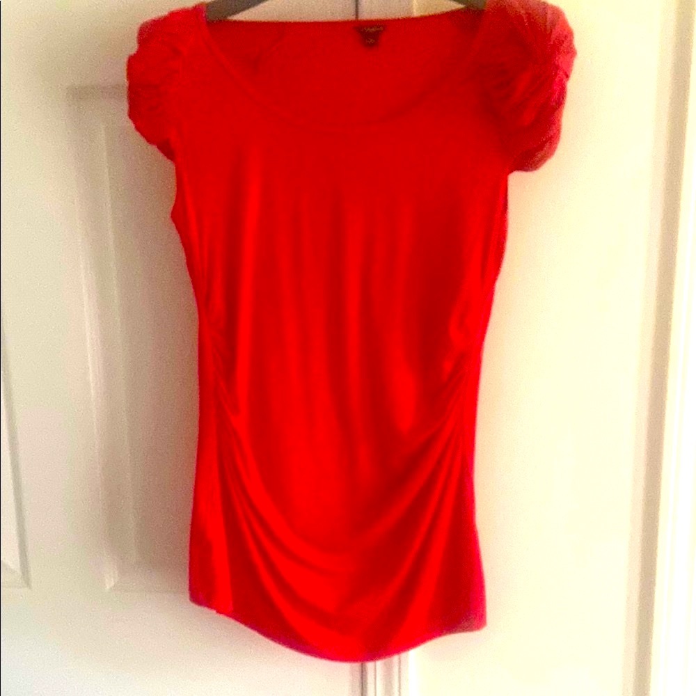 Ann Taylor Red Ruched Cap Sleeve Blouse